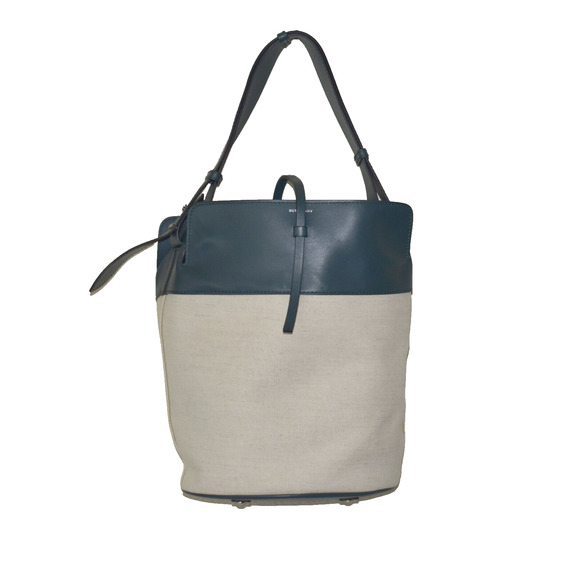 F5 Auth BURBERRY Drk Green Leather Trim Neutral Canvas Large Open Top Bucket Bag - Picture 1 of 9